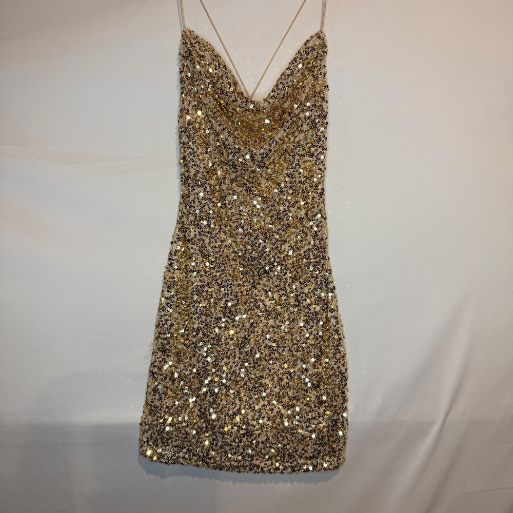 B. Darlin Gold Sequin Cowl Neck Mini Dress 2BRS190A Size 3/4